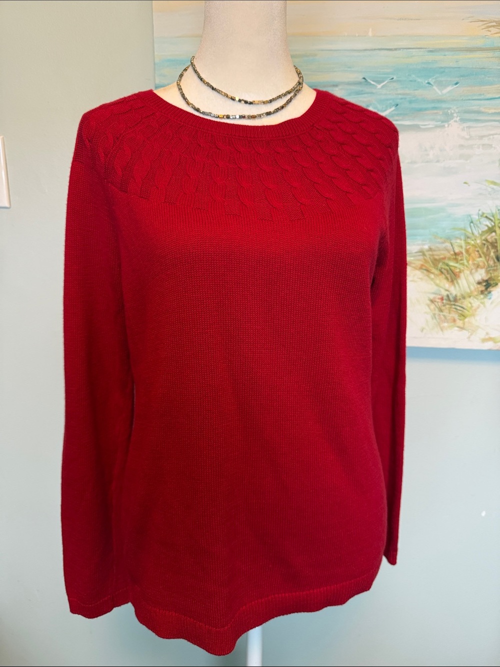 Talbots Crimson Red Crewneck Sweater with Textured Yoke
